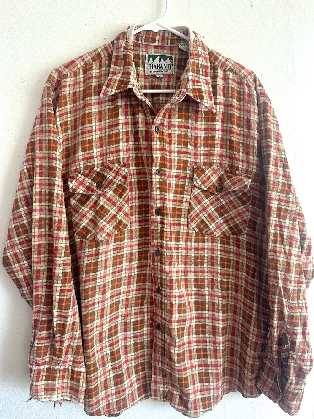 Vintage Haband Plaid Button-Down Flannel, Orange, Brown, Cream, Mens L